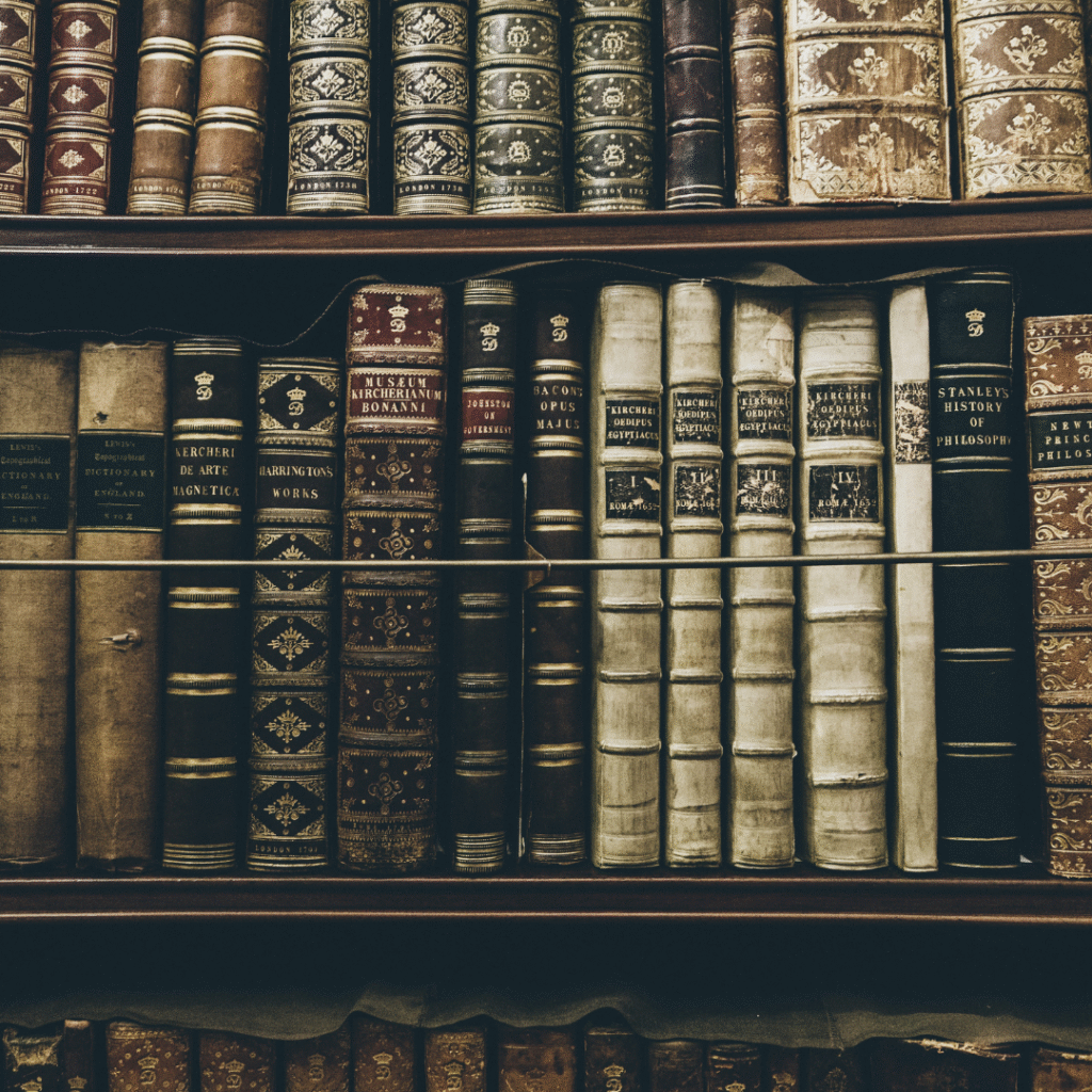 Old university library bookshelves with ancient books