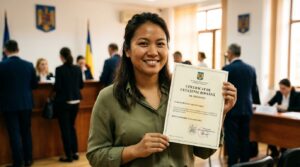 a women with Romanian Certificate