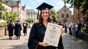 A lady holding a European degree