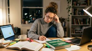 A woman preparing for an exam