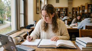 A young lady studying